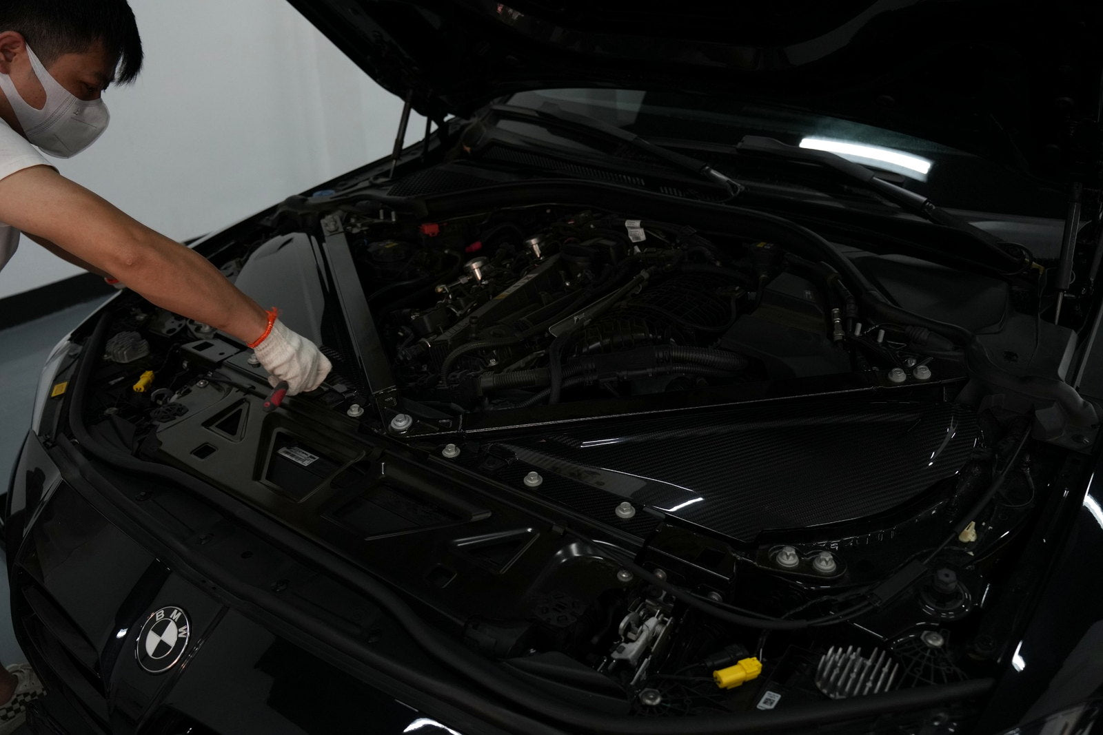 BMW G80 M3 engine bay before installing carbon fiber covers