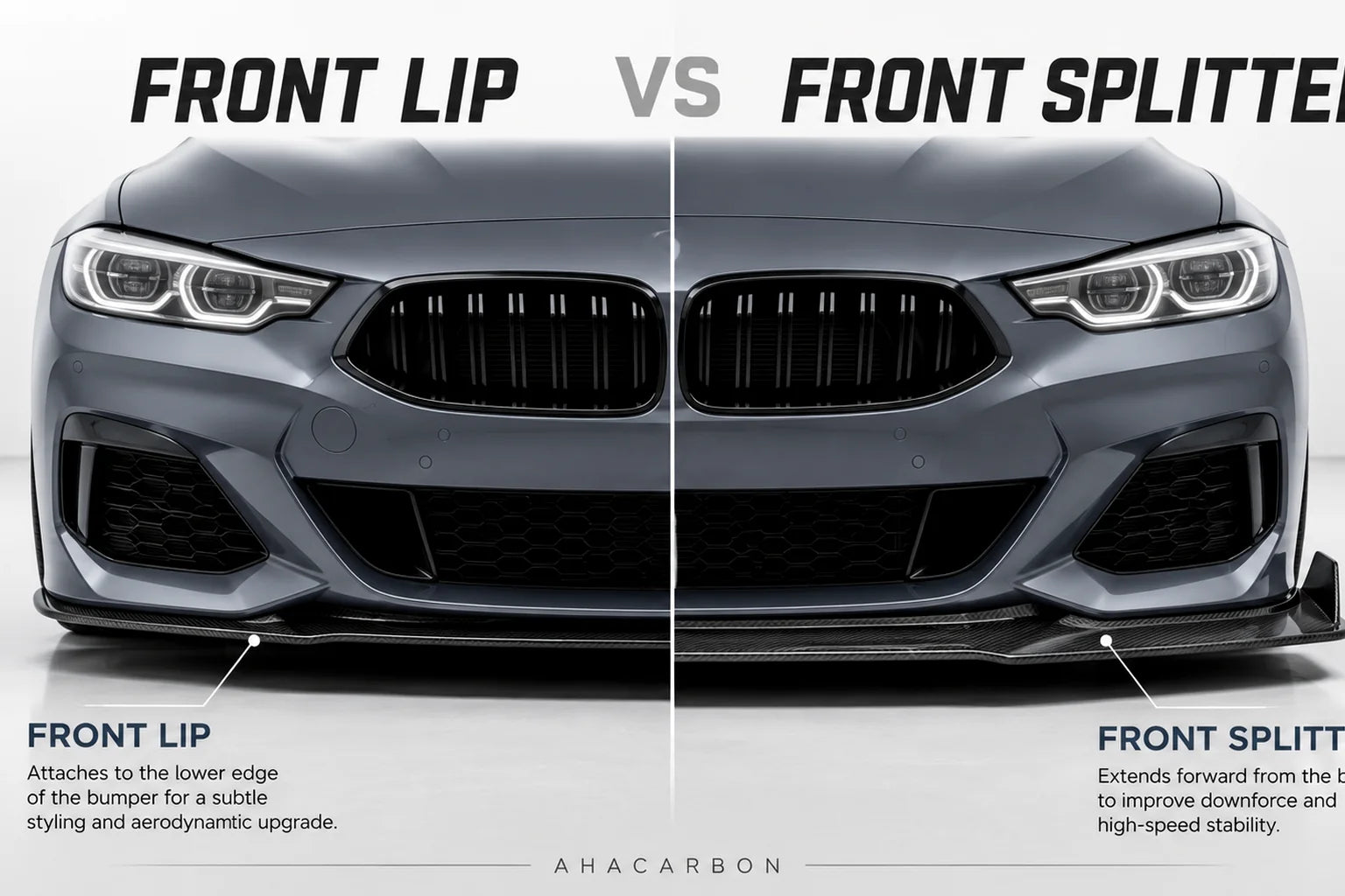 Front lip versus front splitter visual comparison on a performance car