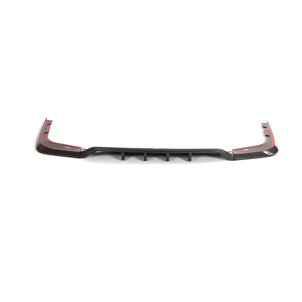 Kia Stinger carbon fiber rear diffuser lip assembled front view with center fins