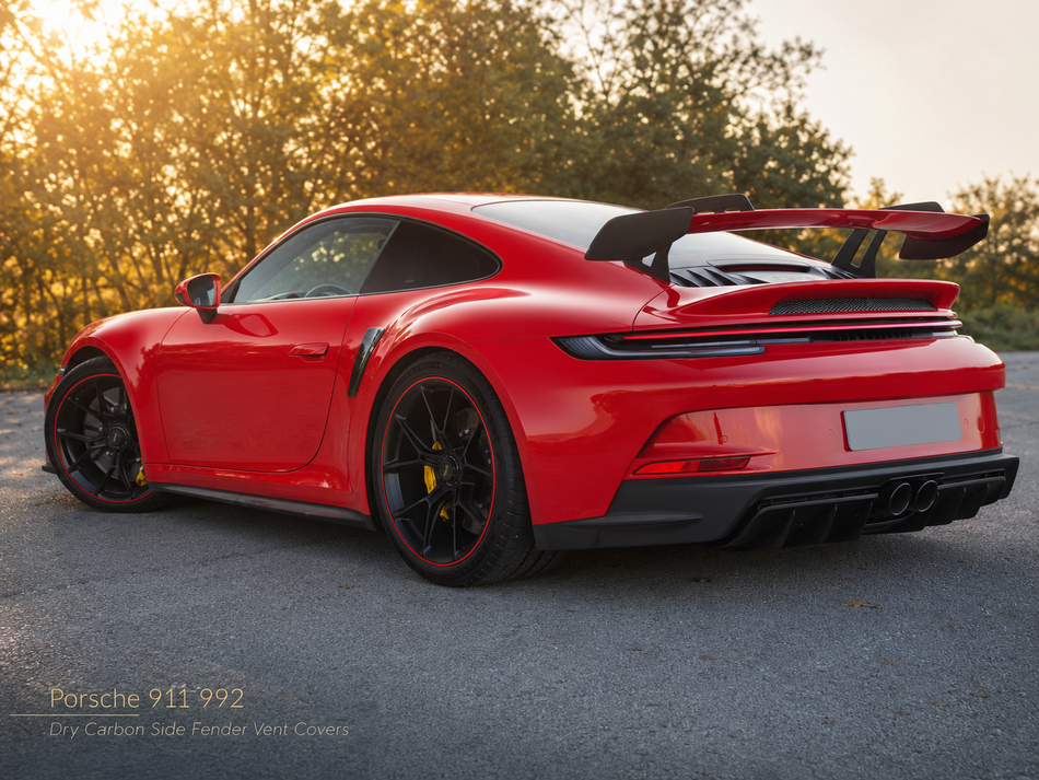 Porsche 911 992 dry carbon side fender vent covers installed rear view