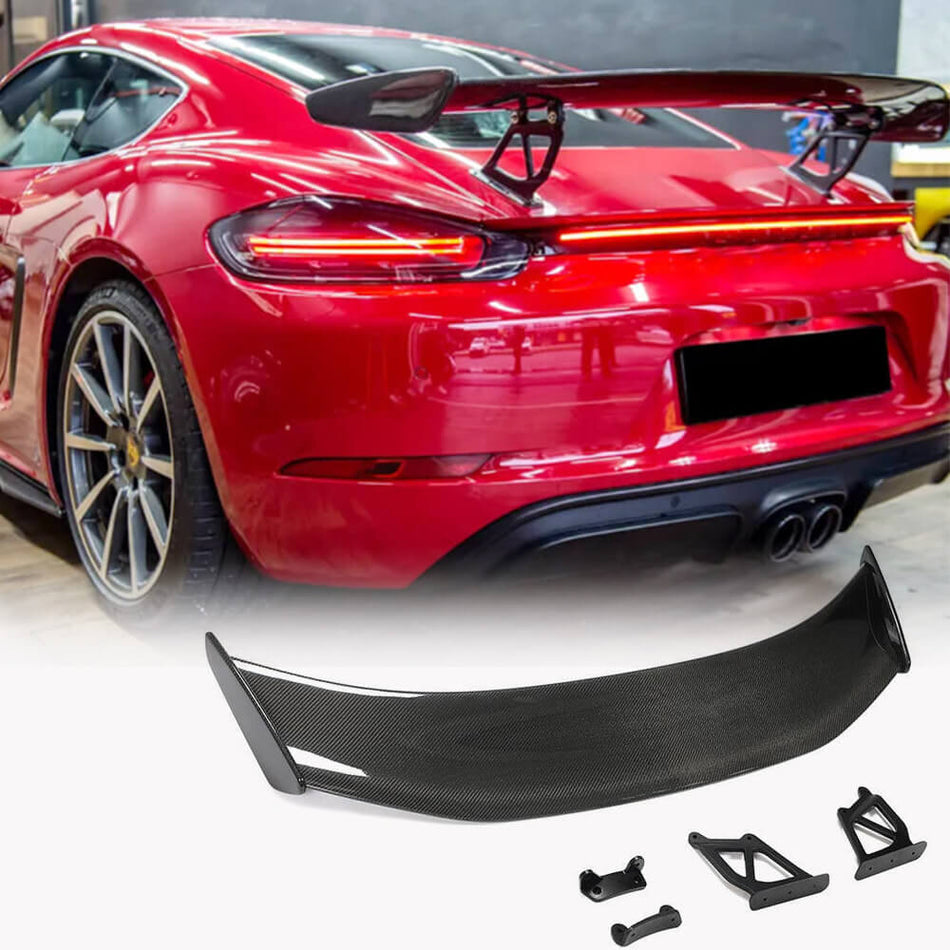 Porsche Cayman GT4 rear trunk spoiler installed view