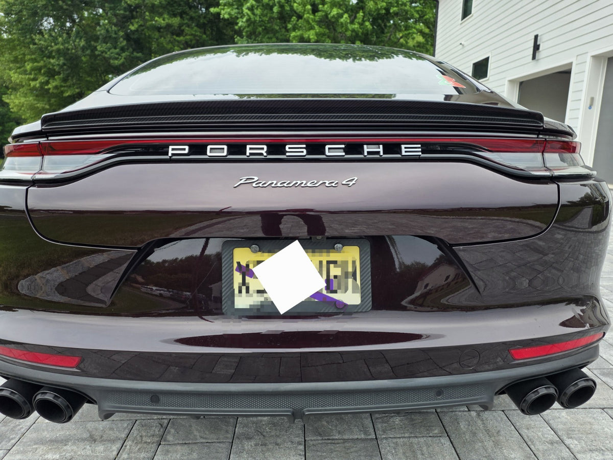 Porsche Panamera 971 hatchback rear trunk spoiler installed rear view