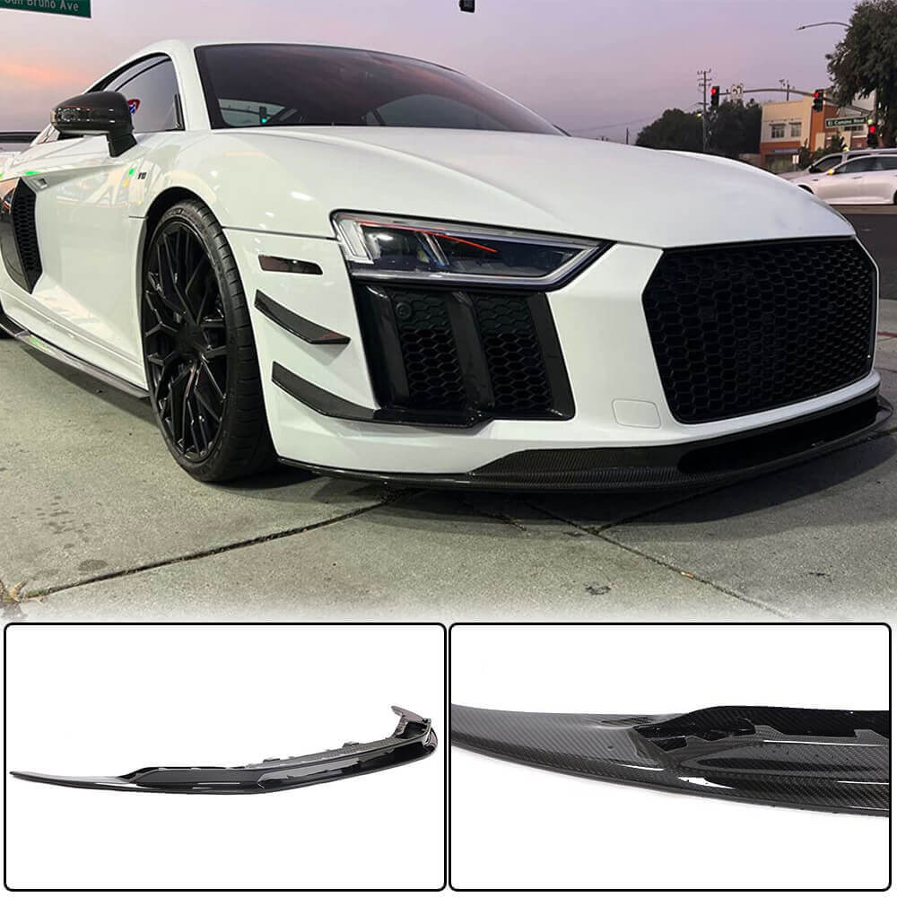 2016–2019 Audi R8 Gen2 Type 4S dry carbon fiber front bumper lip installed