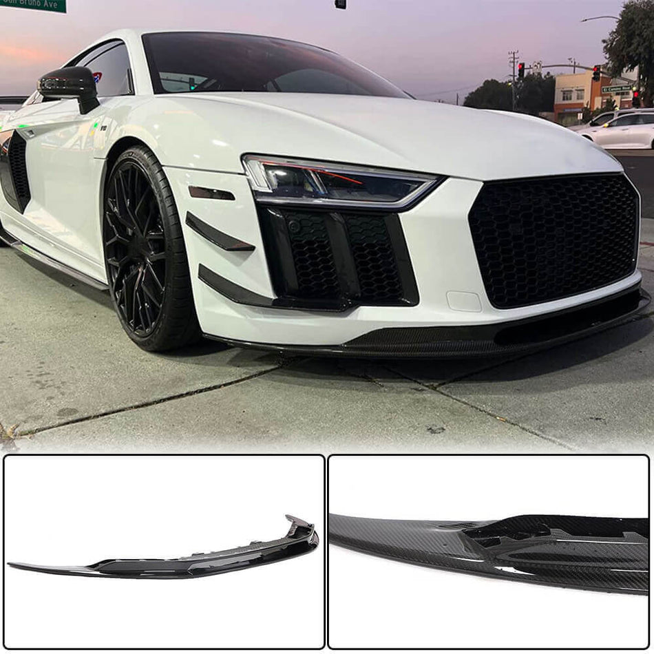 2016–2019 Audi R8 Gen2 Type 4S dry carbon fiber front bumper lip installed
