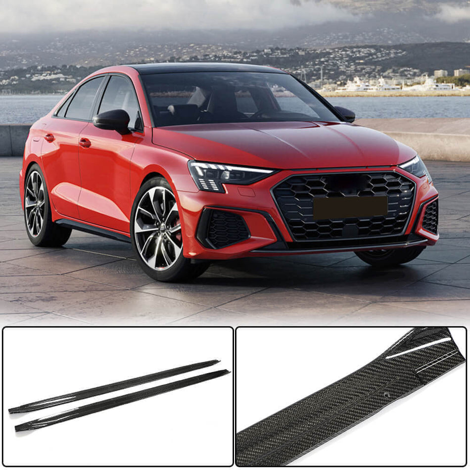 2021–2024 Audi S3 8Y Sedan with carbon fiber side skirt extensions, product pair and weave detail
