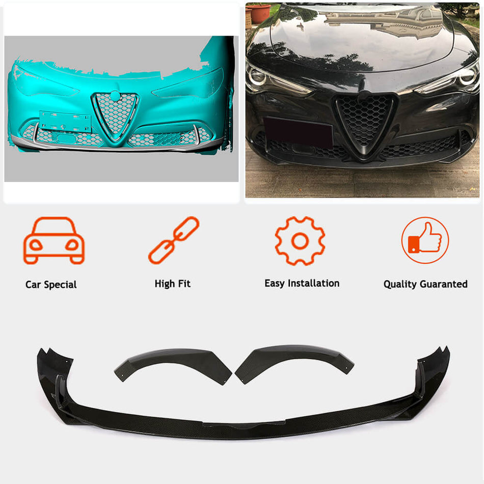 For Alfa Romeo Stelvio Carbon Fiber Front Bumper Lip Spoiler Wide Body Kit 3Pcs