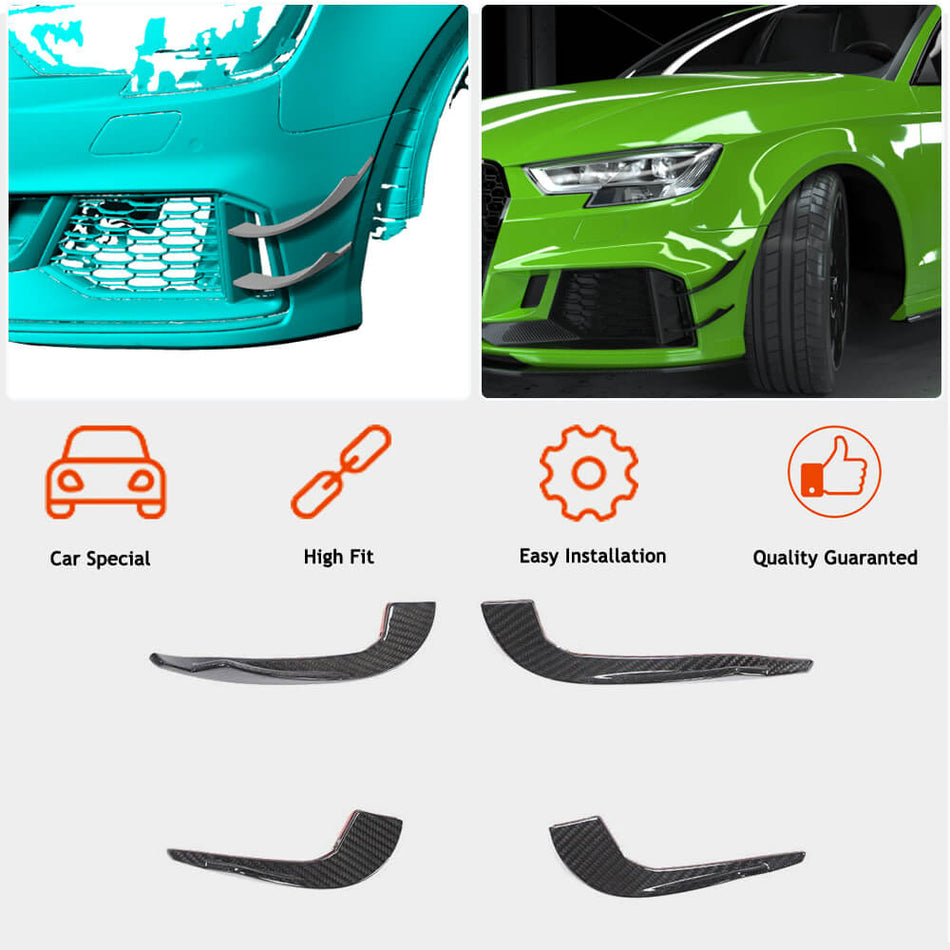 For Audi RS3 8V.5 Sedan Facelift Dry Carbon Fiber Front Bumper Fins Air Vent Canards Aero Flicks Splitters