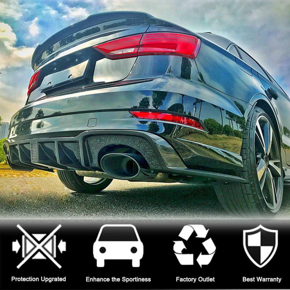For Audi RS3 8V.5 Sedan Carbon Fiber Rear Bumper Diffuser Valance Lip Wide Body Kit W/LED Brake Light