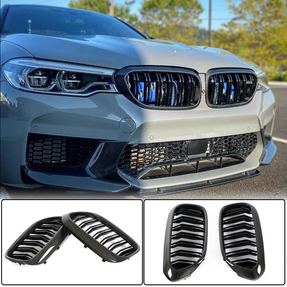 For BMW 5 Series G30 F90 M5 Pre-LCI Carbon Fiber Front Grille Frame Bumper Grill Trim Decoration Emblem | 520i 530i 540i M550i
