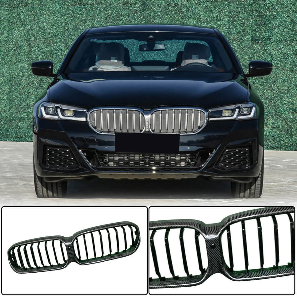 For BMW 5 Series G30 G31 LCI Carbon Fiber Front Grille Single Slat Bumper Grill Outline Trim |  520i 530i 540i M550i