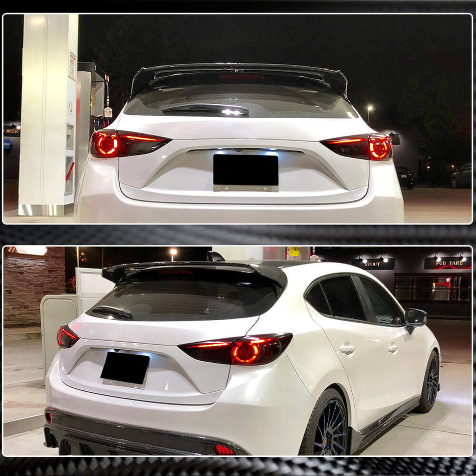 2014-2017 Mazda 3 Axela carbon fiber rear roof spoiler installed close up