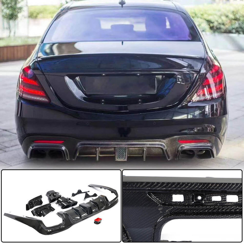 For Mercedes Benz W222 S63 S65 AMG Facelift Carbon Fiber Rear Bumper Diffuser W/Exhaust Pipe Tips