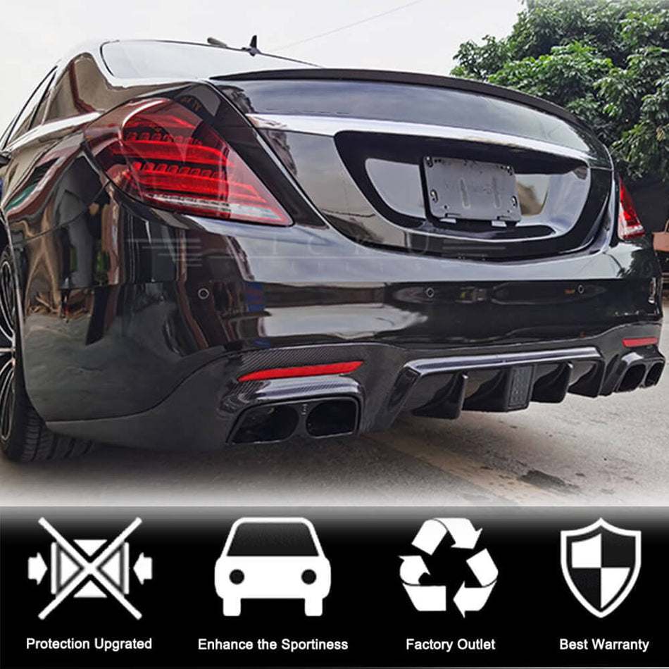 For Mercedes Benz W222 S63 S65 AMG Facelift Carbon Fiber Rear Bumper Diffuser W/Exhaust Pipe Tips