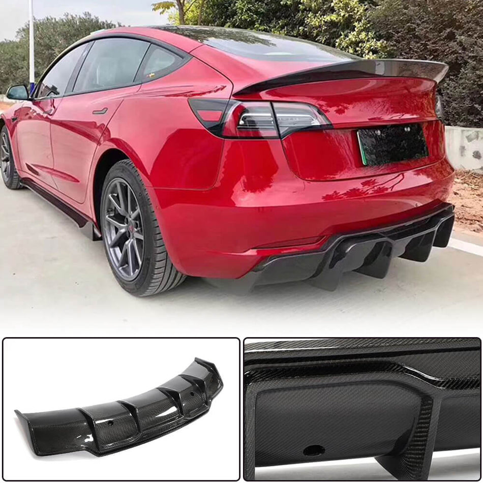 For Tesla Model 3 Carbon Fiber Rear Bumper Diffuser Valance Lip Wide Body Kit