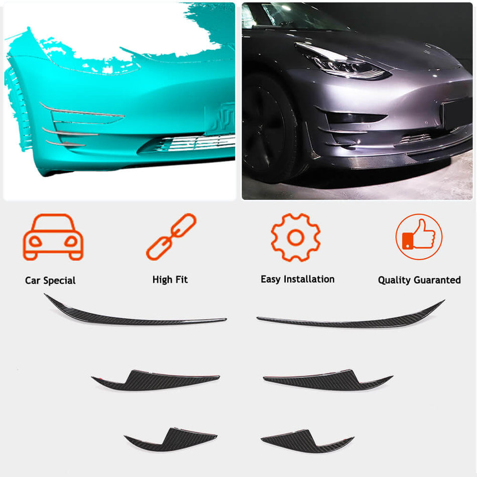 For Tesla Model 3 Dry Carbon Fiber Front Bumper Air Vent Flicks Fins Canards Aero Body Kits