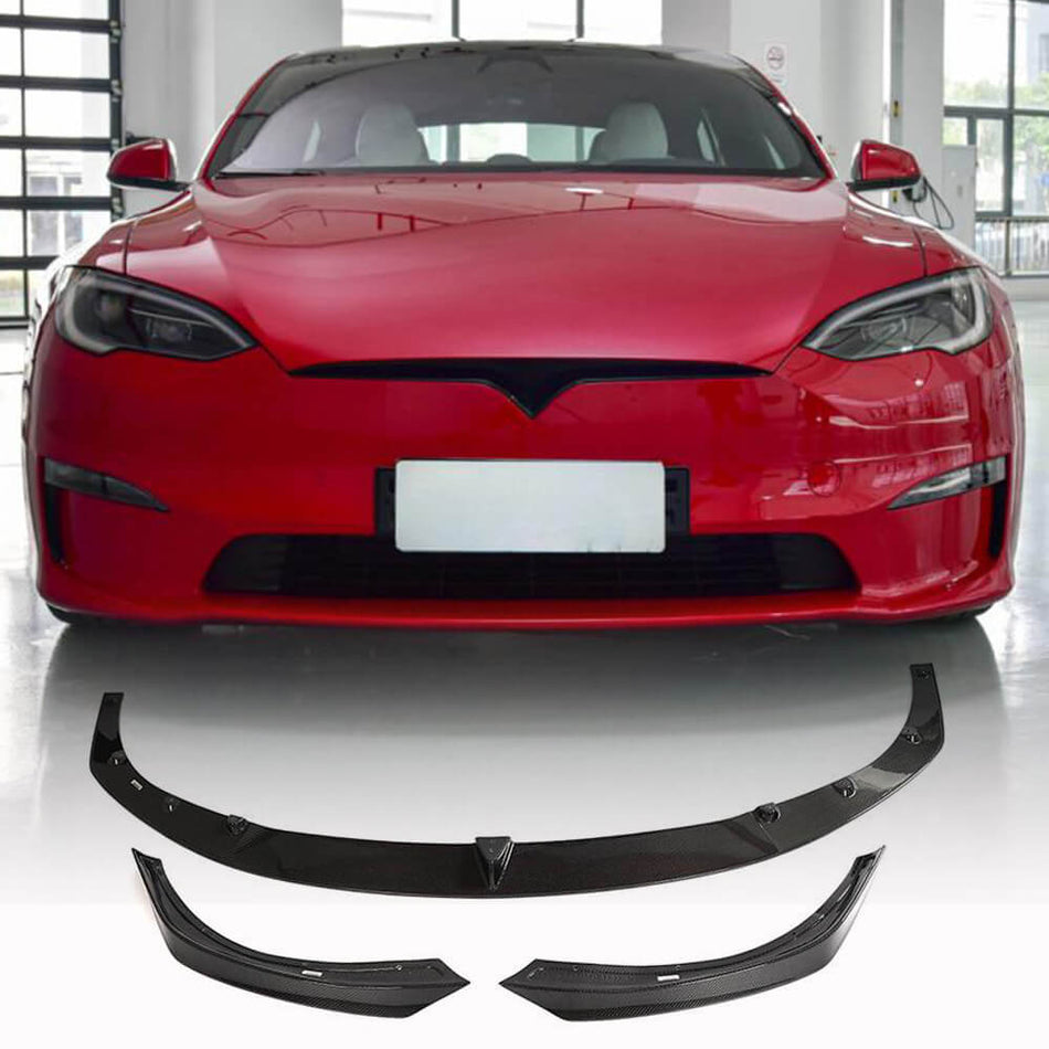 For Tesla Model S 2021-2023 Carbon Fiber Front Bumper Lip Chin Spoiler Wide Body Kit 3pcs