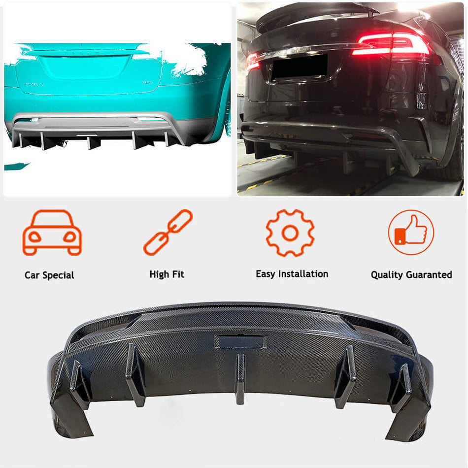 For Tesla Model X Carbon Fiber Rear Bumper Diffuser Valance Lip Wide Body Kit