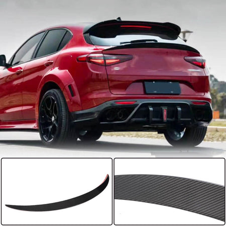 Alfa Romeo Stelvio dry carbon fiber rear trunk middle spoiler installed with product details