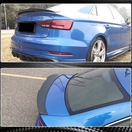 Audi A3 8V carbon trunk spoiler installed rear and side profile views