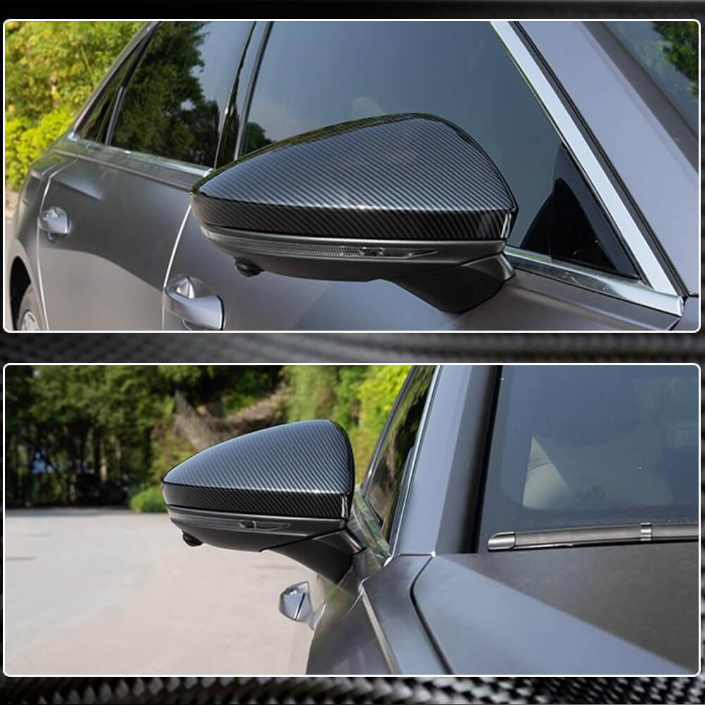 Audi dry carbon fiber replacement mirror covers installed view on side mirror