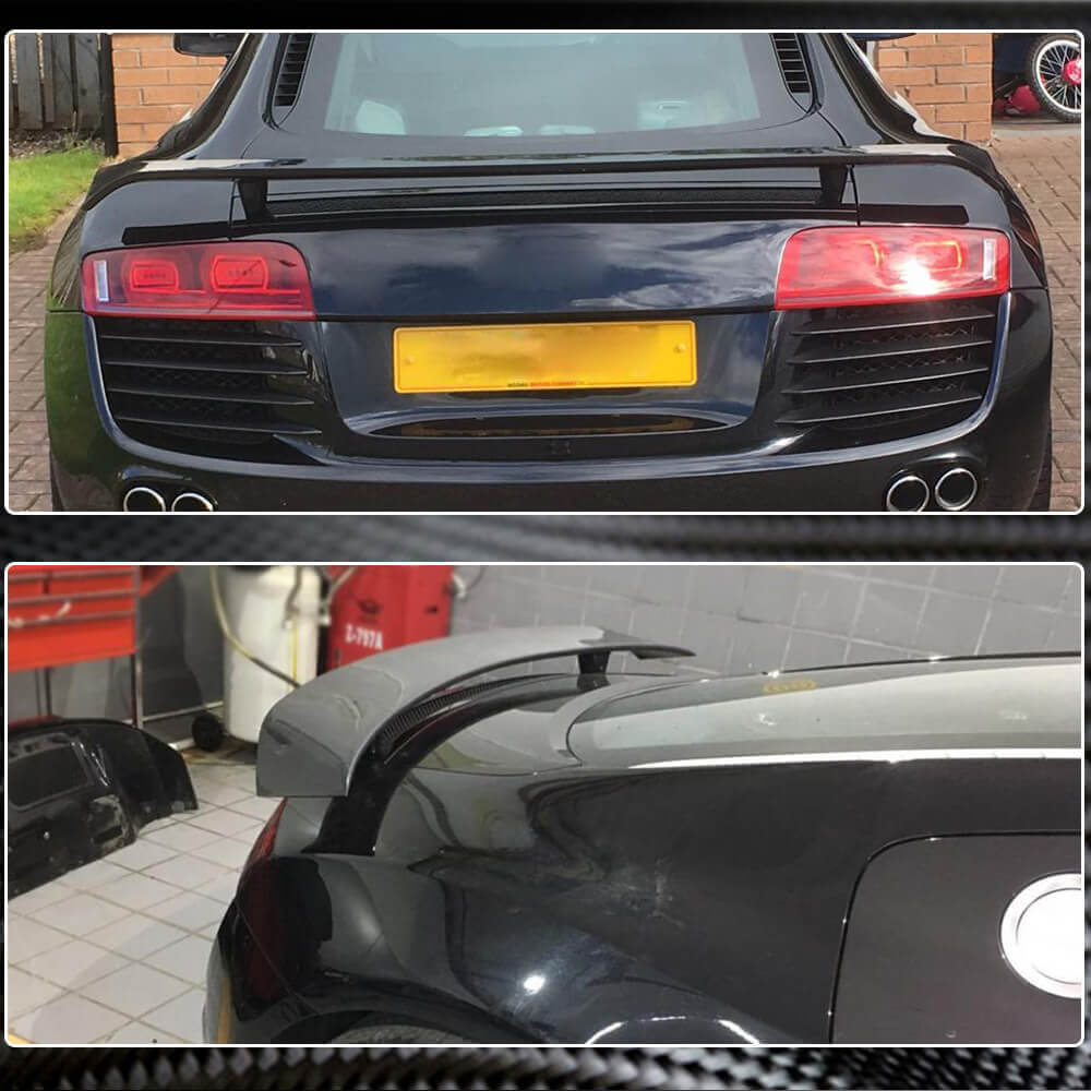 Audi R8 carbon fiber rear wing installed rear and side views