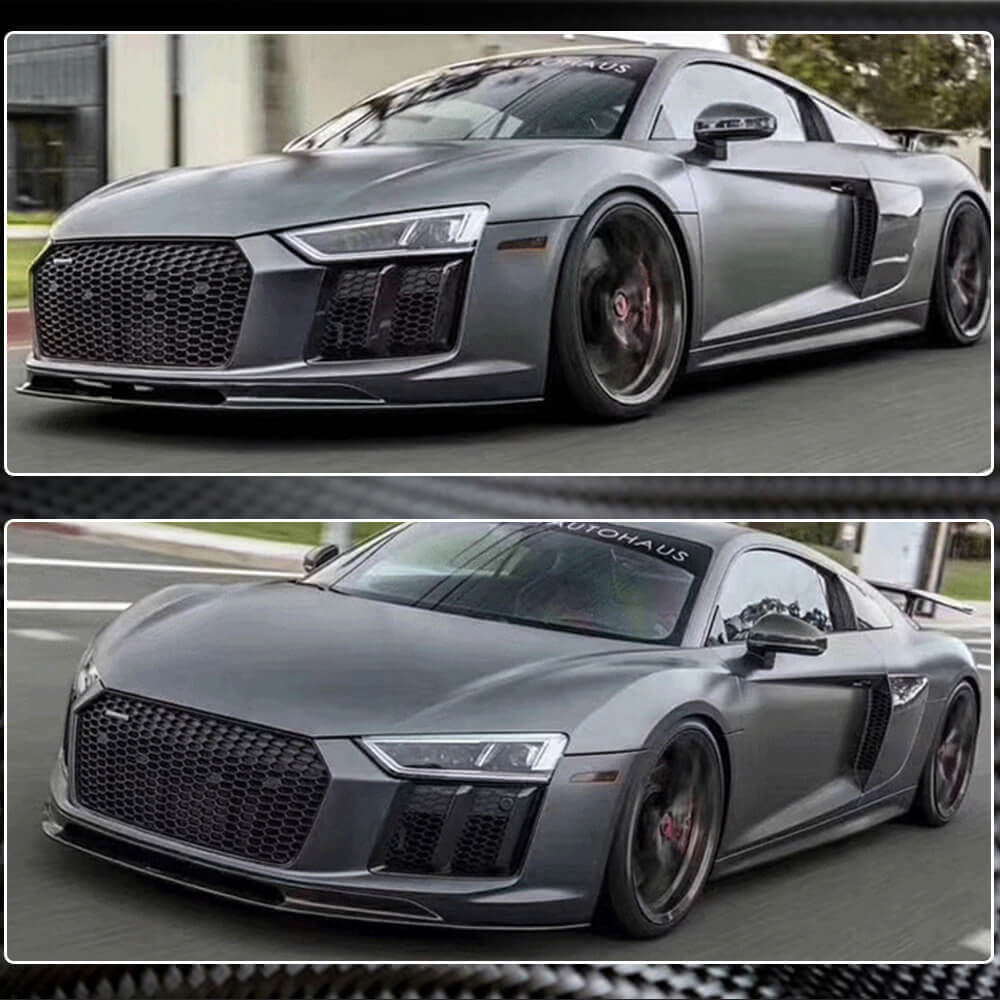 Audi R8 Gen2 carbon fiber front lip installed angled view