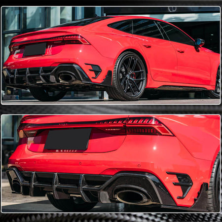 Audi RS7 C8 dry carbon fiber rear diffuser installed angled view
