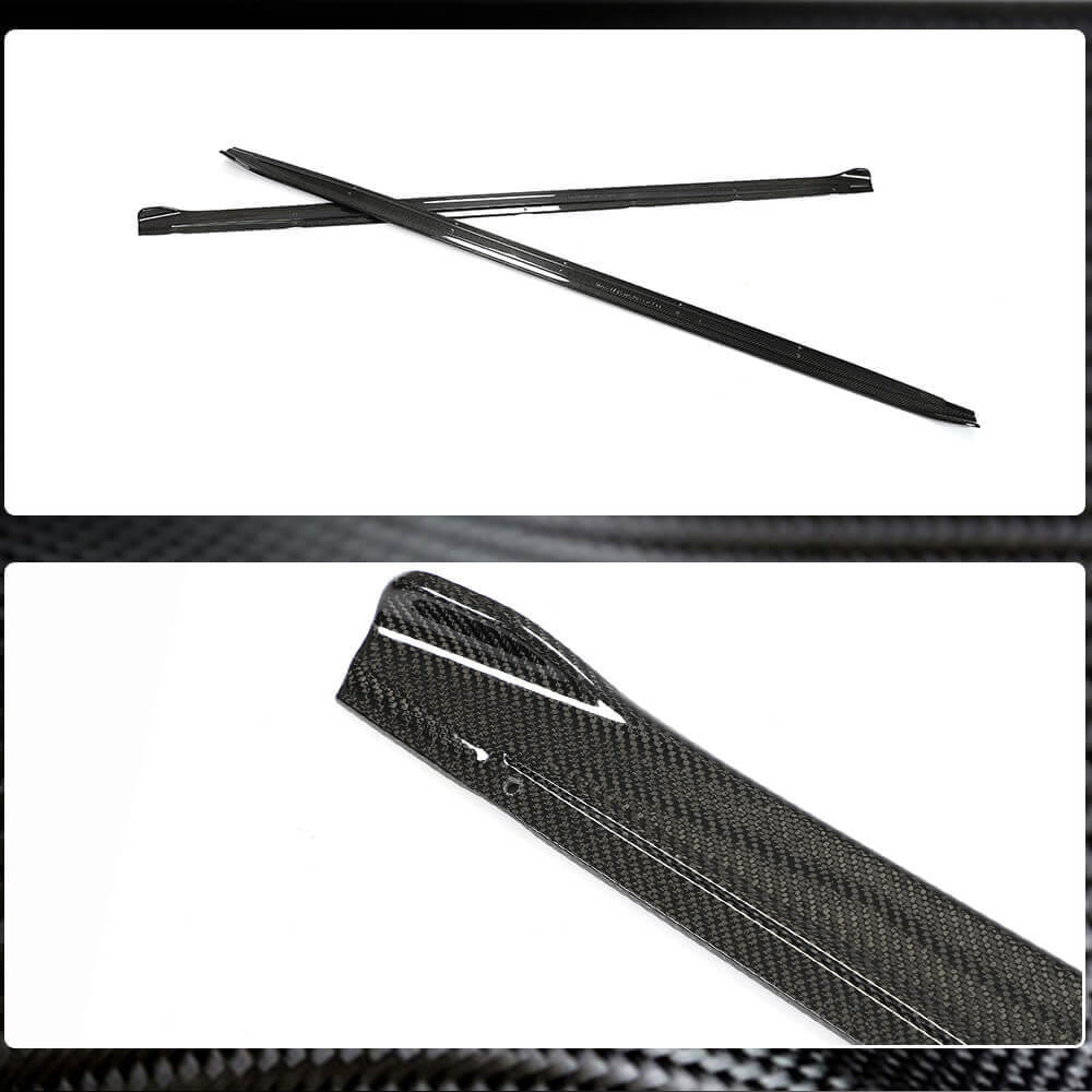Audi S3 8Y carbon fiber side skirt extension pair with close-up detail