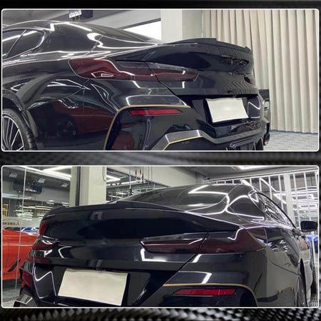 BMW 8 Series Gran Coupe trunk spoiler installed from multiple rear angles
