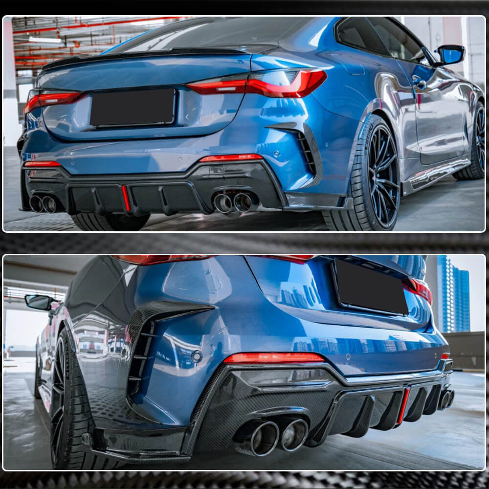 BMW G22 G23 M440i carbon fiber rear diffuser installed multiple rear views