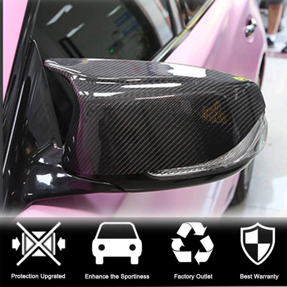 Infiniti Q50 carbon fiber side mirror covers installed close up