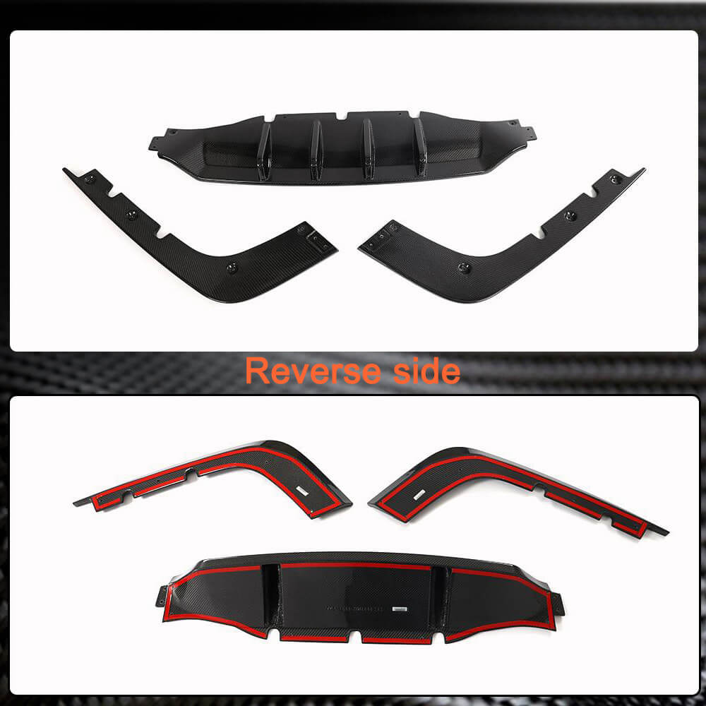 Kia Stinger 3-piece carbon fiber rear diffuser lip front and reverse side views