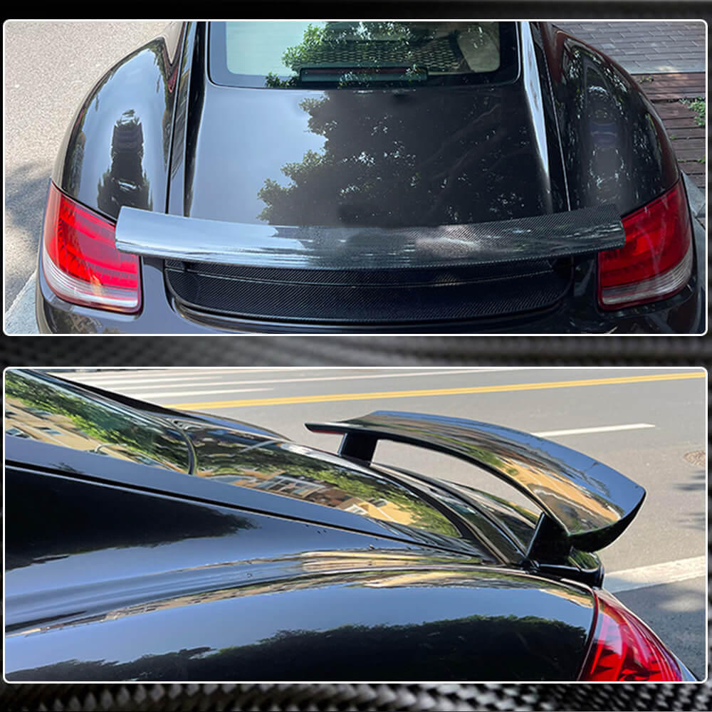 Porsche 987 Cayman rear trunk spoiler installed detail view