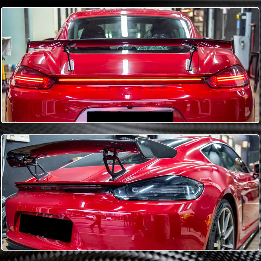 Porsche Cayman GT4 carbon fiber rear trunk spoiler installed rear view