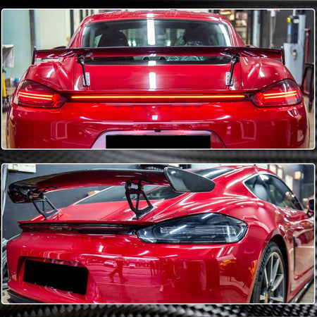 Porsche Cayman GT4 carbon fiber rear trunk spoiler installed rear view